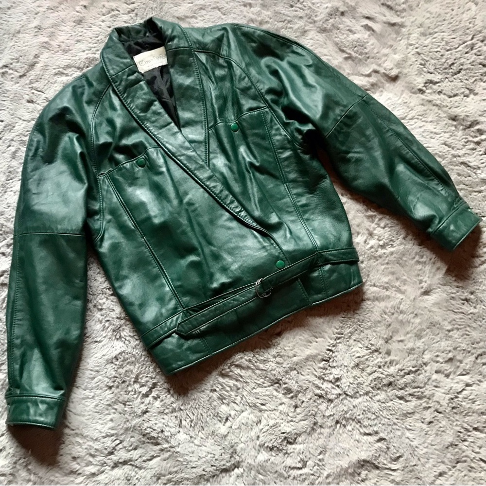 80s forest green vintage leather jacket, gathered waist, puff shoulders no size